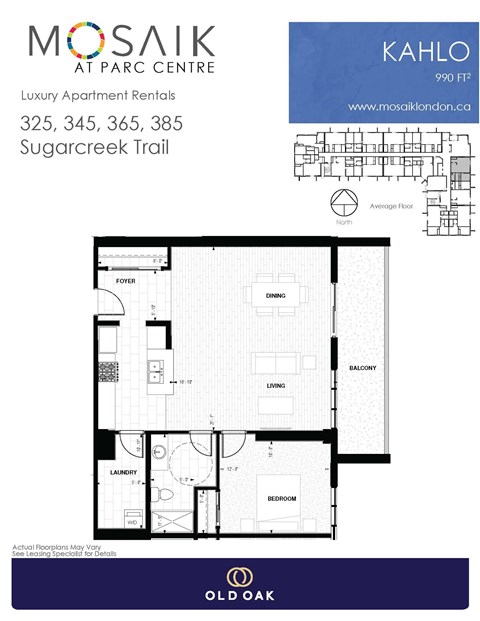 Floor plan for 1 bed, 1 bath, 990 sqft
