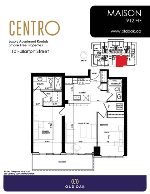 Floor plan for 2 beds, 2 baths, 912 sqft