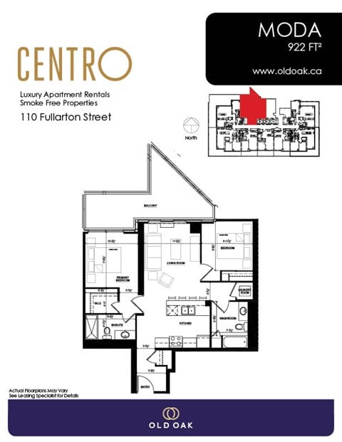 Floor plan for 2 beds, 2 baths, 922 sqft