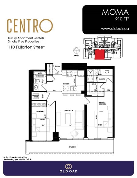 Floor plan for 2 beds, 2 baths, 910 sqft