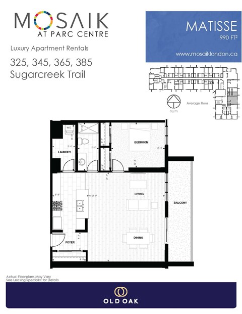 Floor plan for 1 bed, 1 bath, 990 sqft