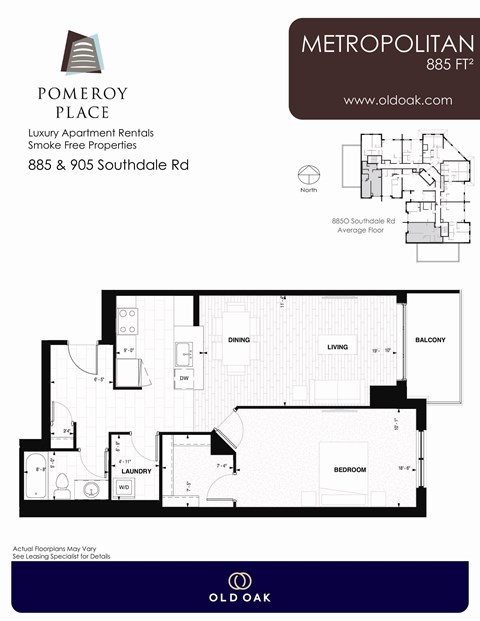 Floor plan for 1 bed, 1 bath, 885 sqft