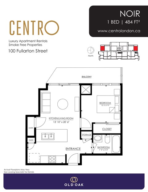 Floor plan for 1 bed, 1 bath, 484 sqft