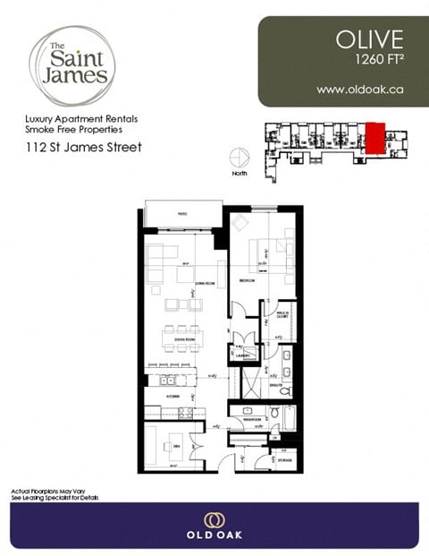 Floor plan for 1 bed, 1 bath, 1260 sqft