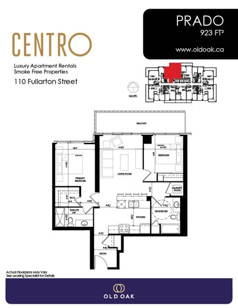 Floor plan for 2 beds, 2 baths, 923 sqft