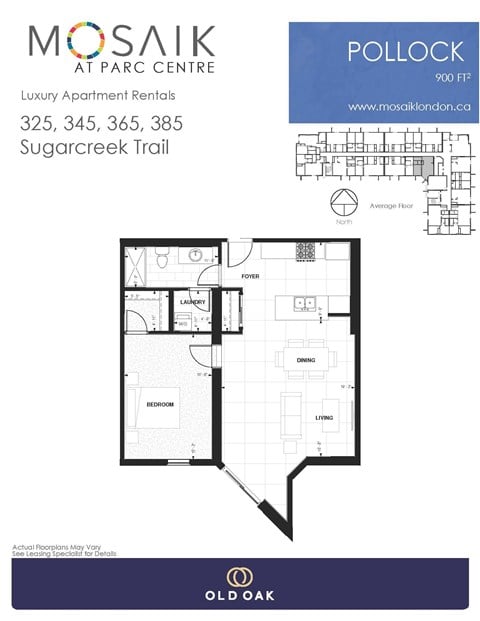Floor plan for 1 bed, 1 bath, 900 sqft