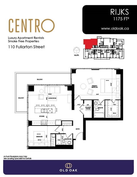 Floor plan for 2 beds, 2 baths, 1175 sqft