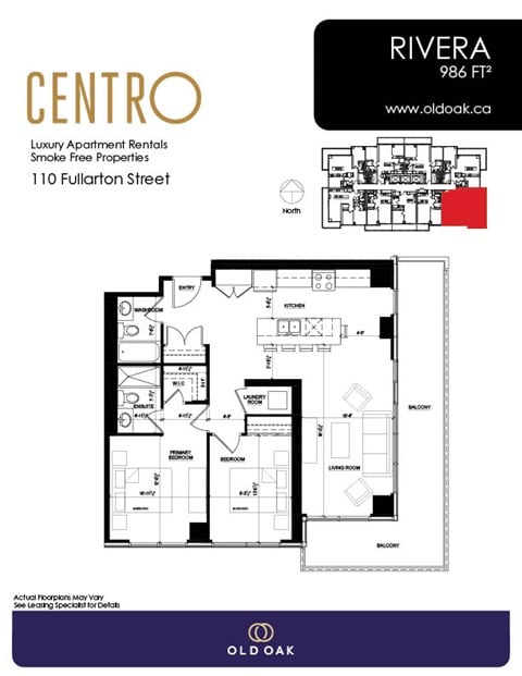 Floor plan for 2 beds, 2 baths, 986 sqft