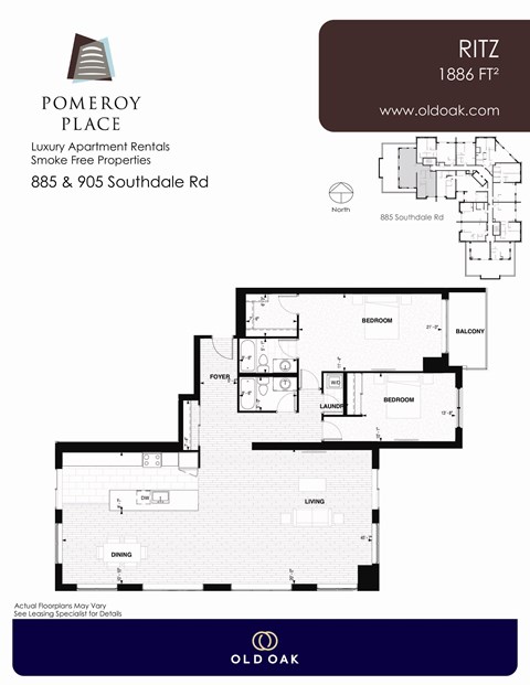 Floor plan for 2 beds, 2 baths