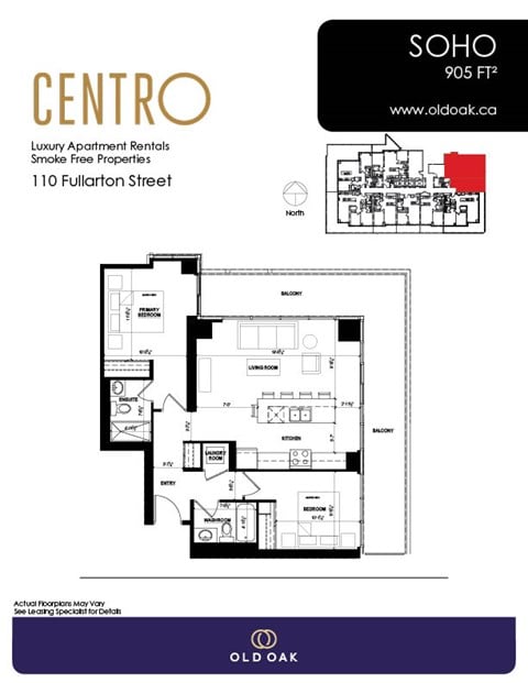 Floor plan for 2 beds, 2 baths, 905 sqft