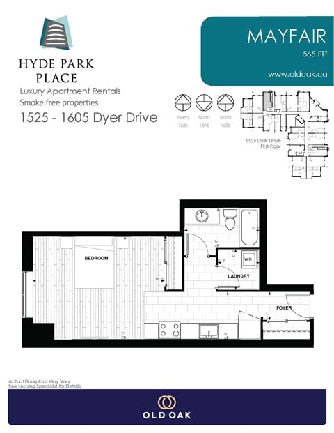 Floor plan for studio, 1 bath, 565 sqft