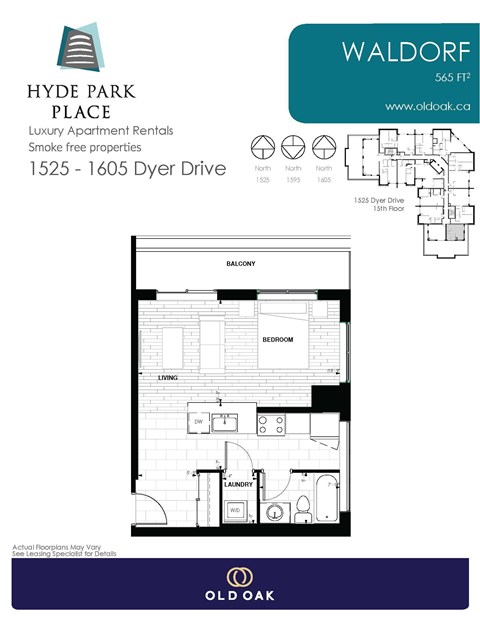 Floor plan for studio, 1 bath, 565 sqft