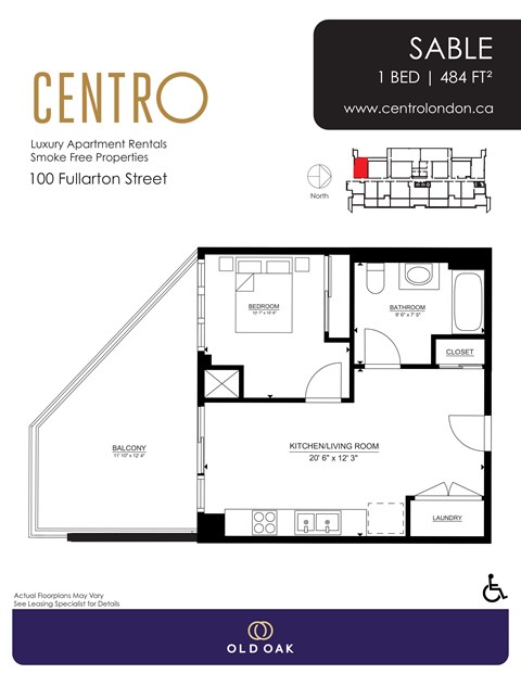Floor plan for 1 bed, 1 bath, 484 sqft