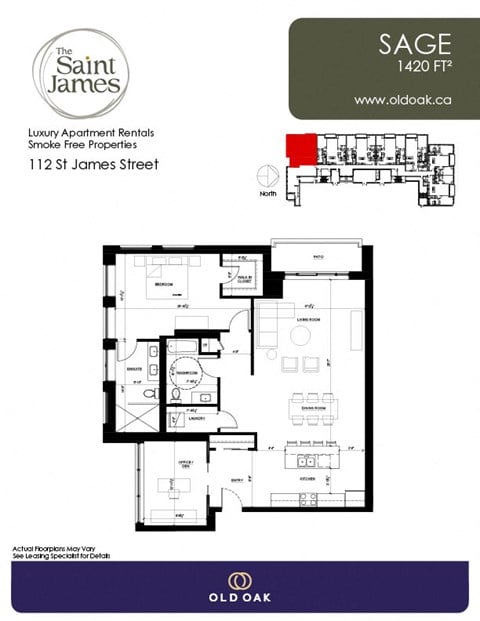 Floor plan for 1 bed, 1 bath, 1420 sqft