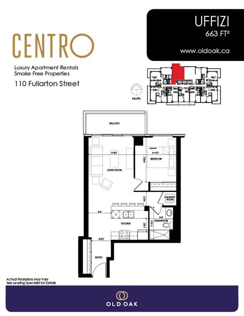 Floor plan for 1 bed, 1 bath, 633 sqft