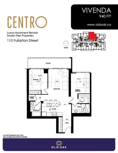 Floor plan for 2 beds, 2 baths, 940 sqft
