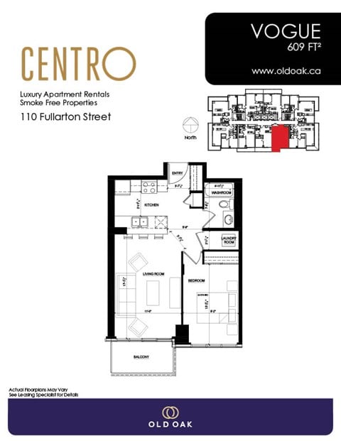 Floor plan for 1 bed, 1 bath, 609 sqft