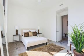 New Orleans apartment for rent - A bedroom with a large bed and a potted plant.