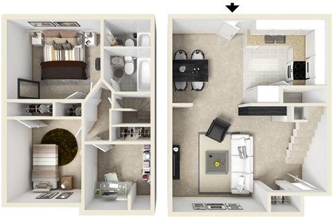 Floor plan for 3 beds, 2 baths, 985 sqft