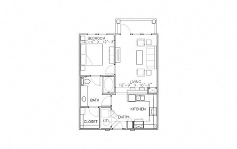Floor plan for 1 bed, 1 bath, 696 sqft
