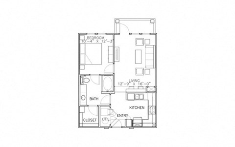 Floor plan for 1 bed, 1 bath, 696 sqft