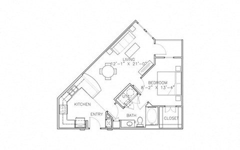 Floor plan for 1 bed, 1 bath, 735 sqft