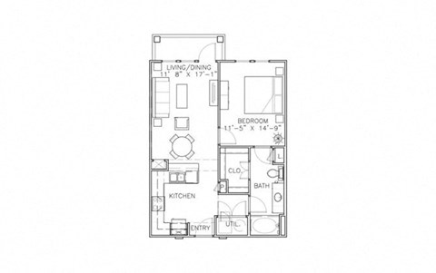 Floor plan for 1 bed, 1 bath, 744 sqft