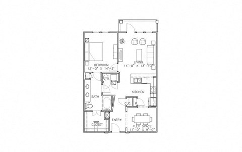 Floor plan for 1 bed, 1 bath, 900 sqft