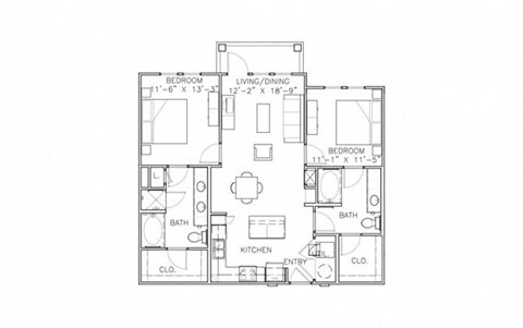 Floor plan for 2 beds, 2 baths, 1115 sqft