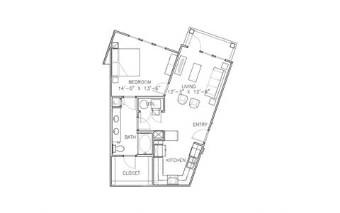 Floor plan for 1 bed, 1 bath, 823 sqft