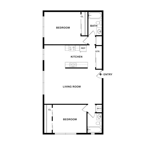 Floor plan for 2 beds, 2 baths