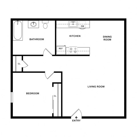 Floor plan for 1 bed, 1 bath