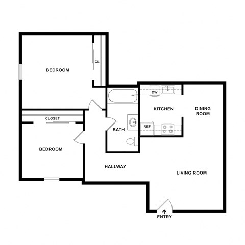 Floor plan for 2 beds, 1.5 baths