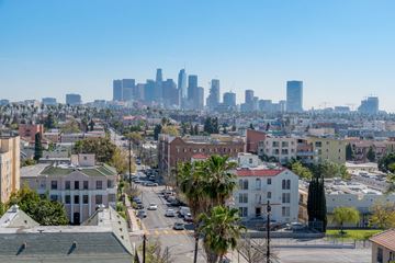 Los Angeles apartment for rent - a view of the city with buildings and palm trees