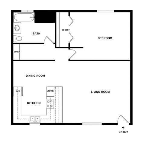Floor plan for 1 bed, 1 bath