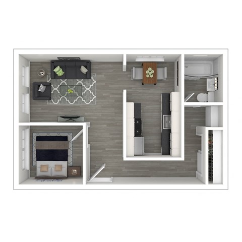 Floor plan for 1 bed, 1 bath, 607 sqft