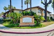 West Covina apartment for rent - building entrance signage at Serrano Apartments, West Covina, 91790
