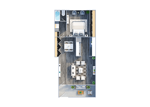 Floor plan for 1 bed, 1 bath, 637 sqft