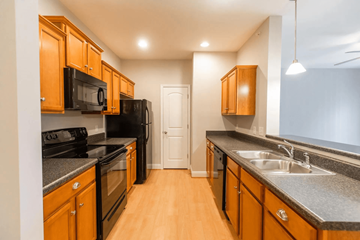 Lynchburg apartment for rent - a kitchen with granite counter tops and black appliances