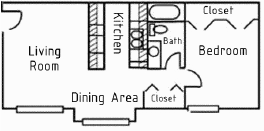 Floor plan for 1 bed, 1 bath, 617 sqft