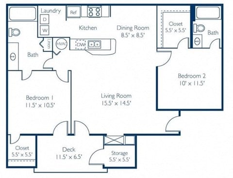Floor plan for 2 beds, 2 baths, 964 sqft