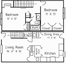 Floor plan for 1 bed, 1.5 baths, 1024 sqft