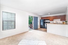 Winston Salem apartment for rent - A kitchen area with a blue door and a white counter.