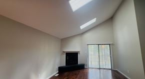 Fayetteville apartment for rent - A living room with a fireplace and a skylight.