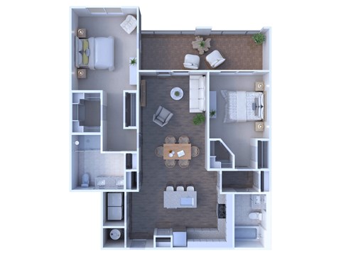 Floor plan for 2 beds, 2 baths, 1134 sqft