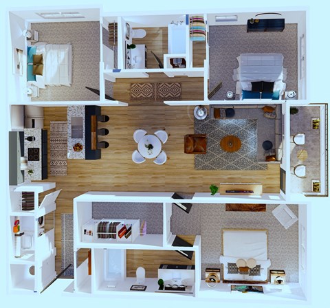 Floor plan for 3 beds, 2 baths, 1381 sqft