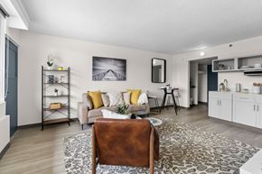 Fayetteville apartment for rent - A living room with a brown leather chair and a patterned rug.
