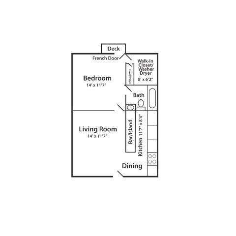 Floor plan for 1 bed, 1 bath, 575 sqft