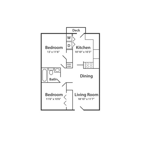 Floor plan for 2 beds, 1 bath, 825 sqft