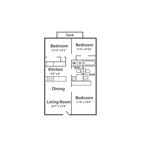 Floor plan for 3 beds, 2 baths, 975 sqft